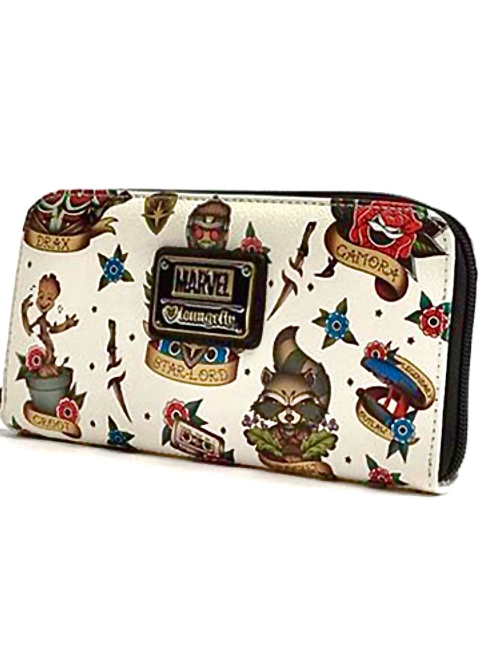 Loungefly Marvel Guardians of the Galaxy Tattoo Zipper Wallet OG Heart Logo EUC